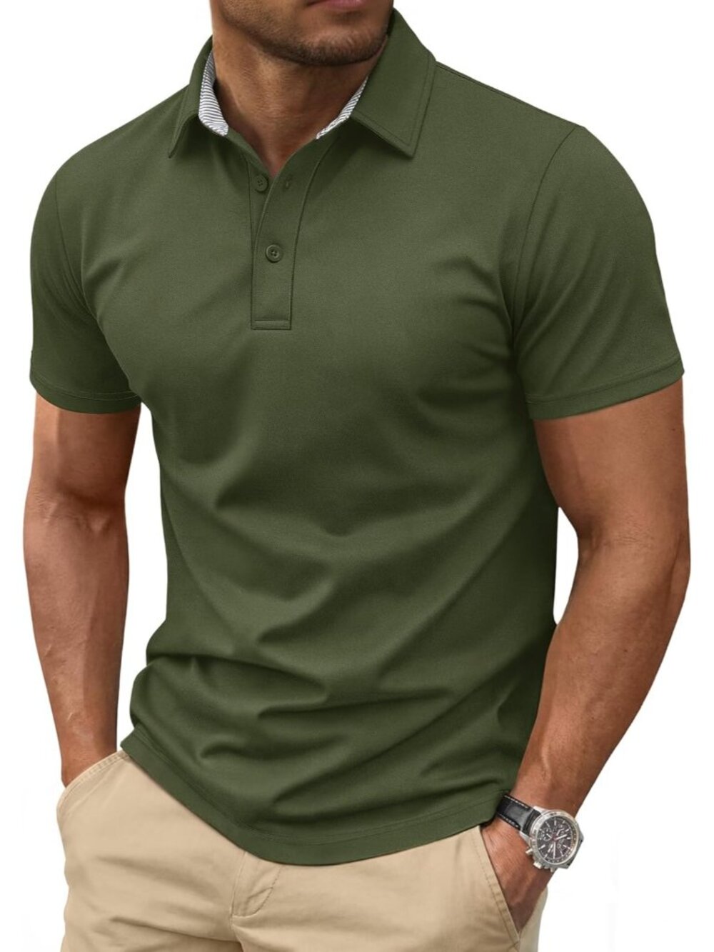 Men's Army Green Cotton Pique Polo Shirt Short Sleeve 3 Button Classic Fit Golf
